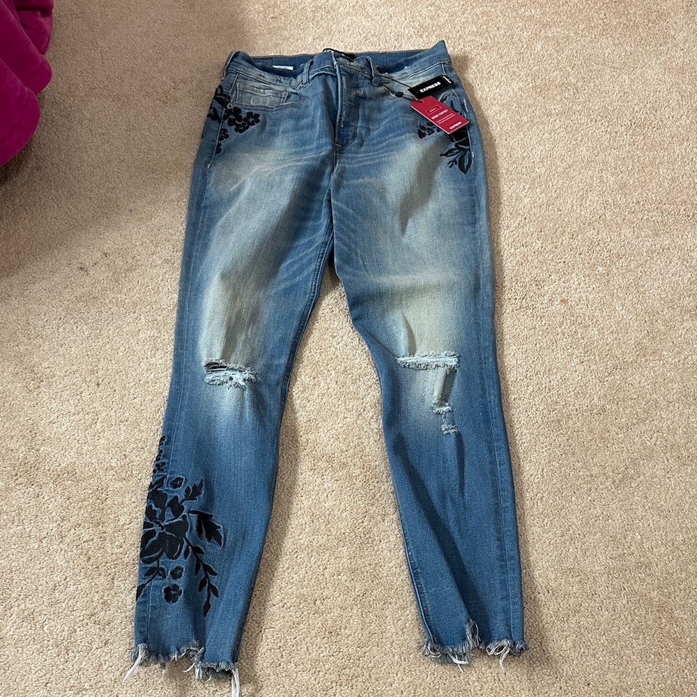 Express Blue Skinny Jeans with Black Floral Design